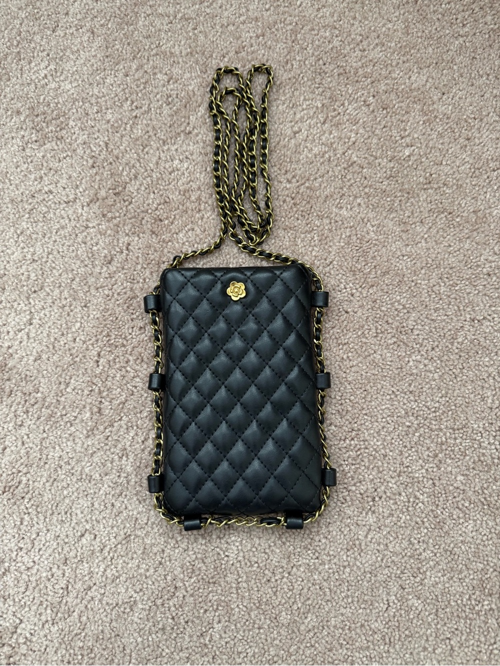 Quilted Black Crossbody Phone Bag with Gold Chain